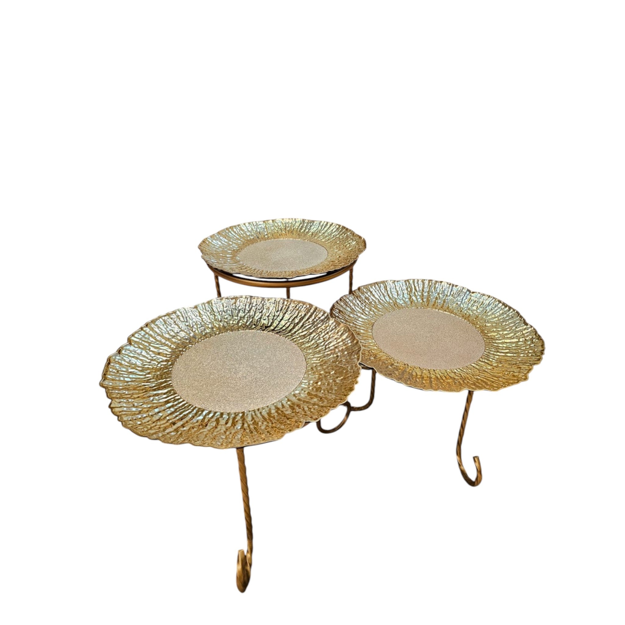 Home Sajawat set of three decorative gold tiered serving stands with textured plates and twisted metal legs.