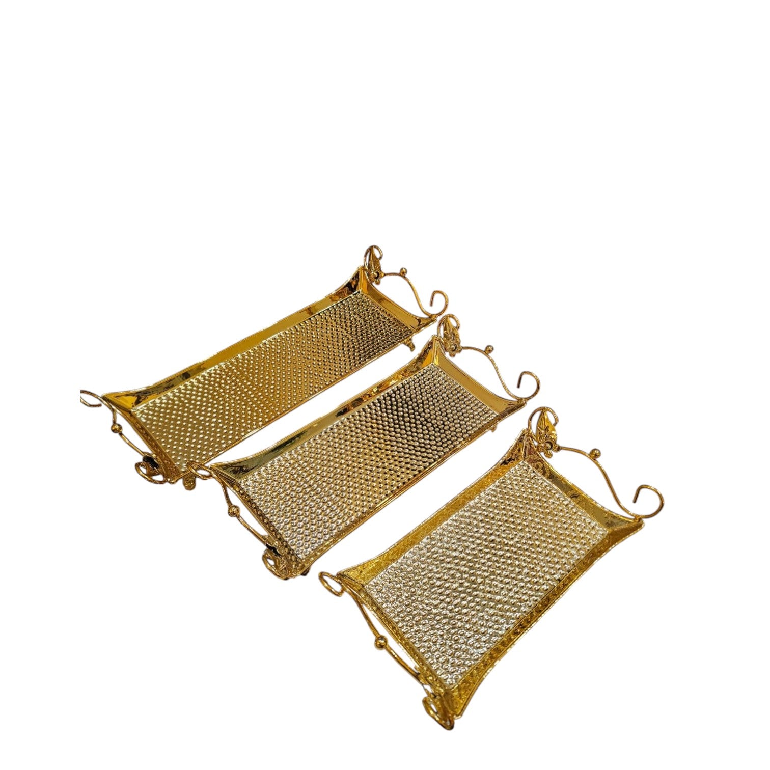 Home Sajawat set of three decorative gold serving trays with hammered texture, curved handles, and scalloped edges.