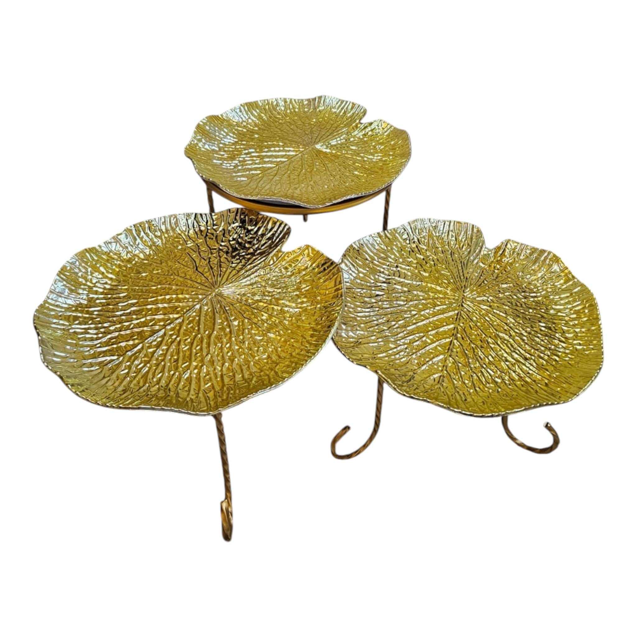Home Sajawat set of three decorative gold tiered serving stands with textured leaf design and twisted metal legs.