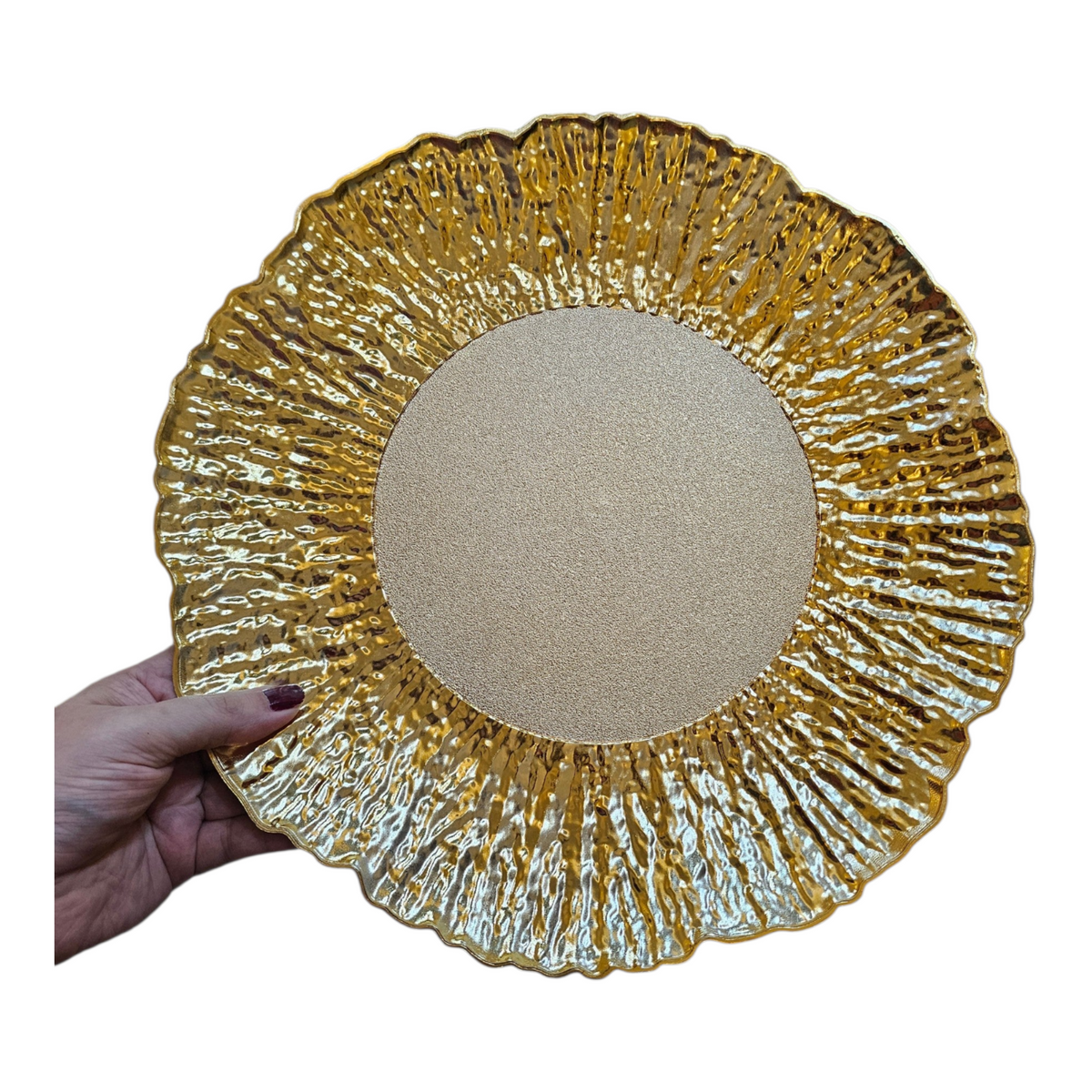 Home Sajawat gold decorative charger plate with a textured rippled rim and a matte center for elegant table settings.
