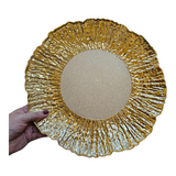 Home Sajawat gold decorative charger plate with a textured rippled rim and a matte center for elegant table settings.