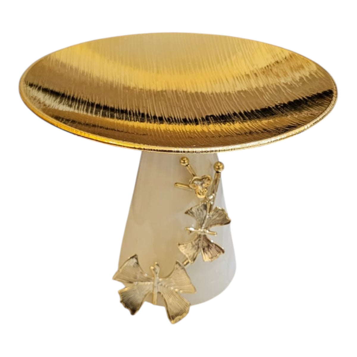 Home Sajawat gold-finished tiered serving stand with ivory base and gold leaf accents. Textured top plate.