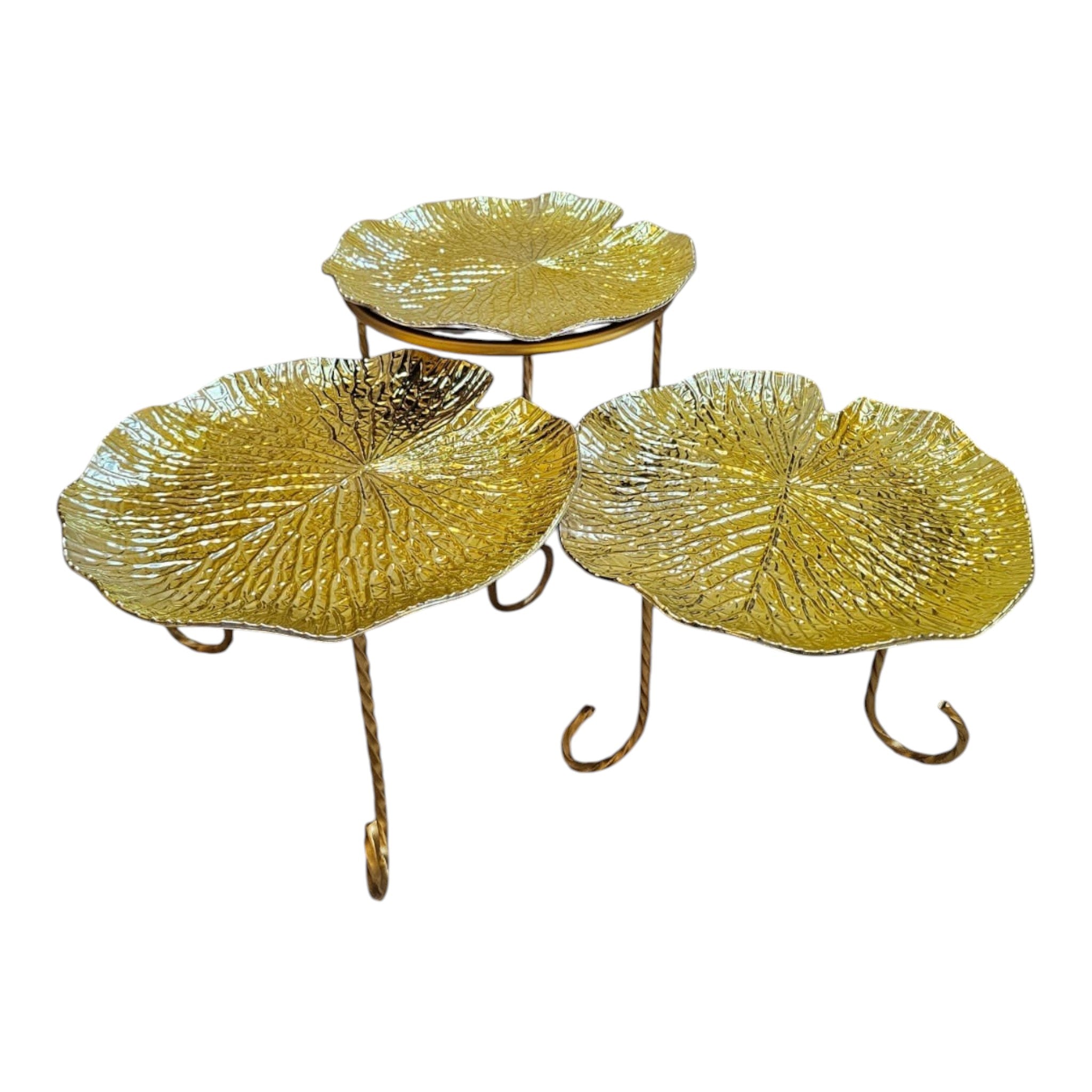 Home Sajawat set of three decorative gold tiered serving stands with textured leaf-shaped plates and twisted metal legs.