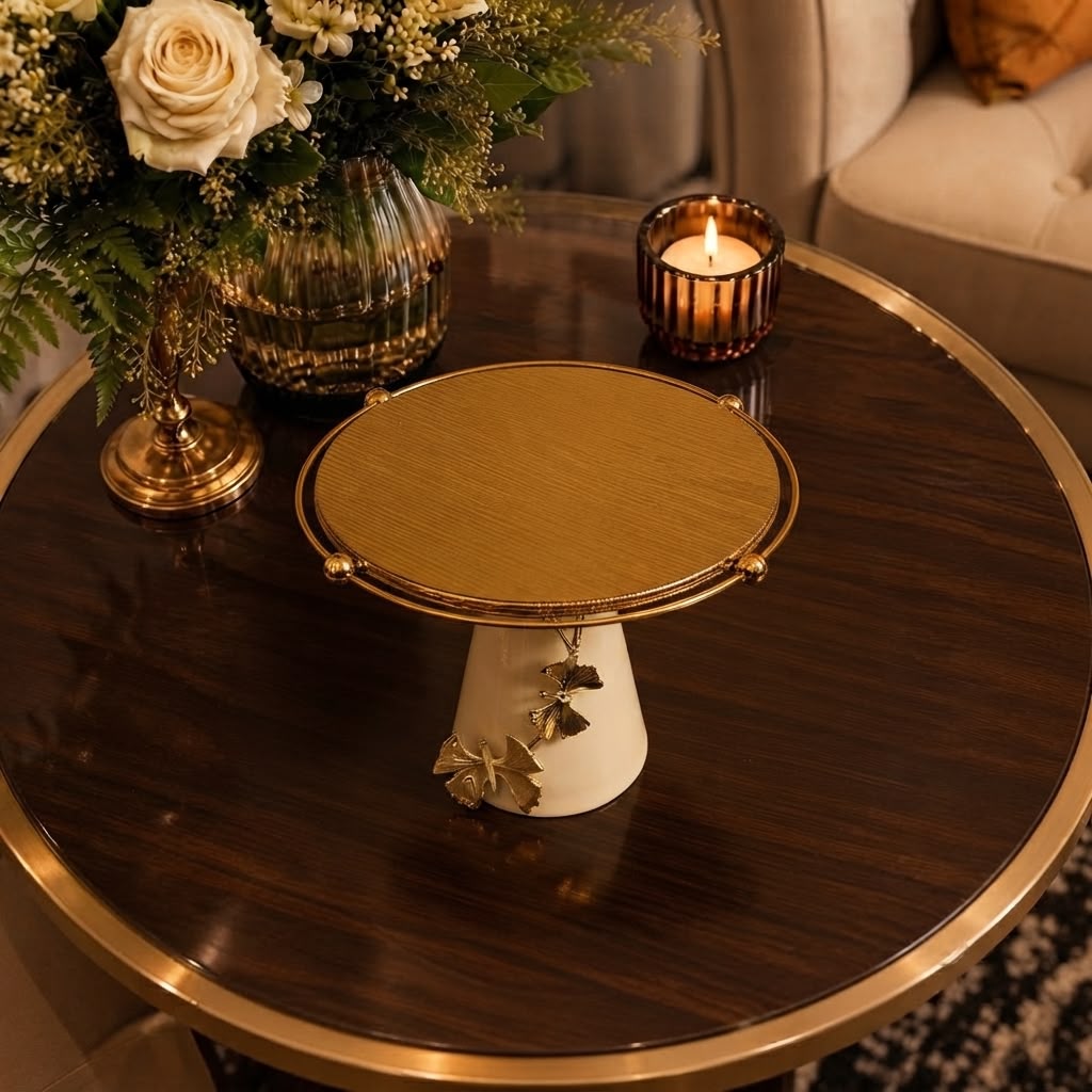 Home Sajawat decorative cake stand with a brushed gold plate, white ceramic base, and gold butterfly embellishment.