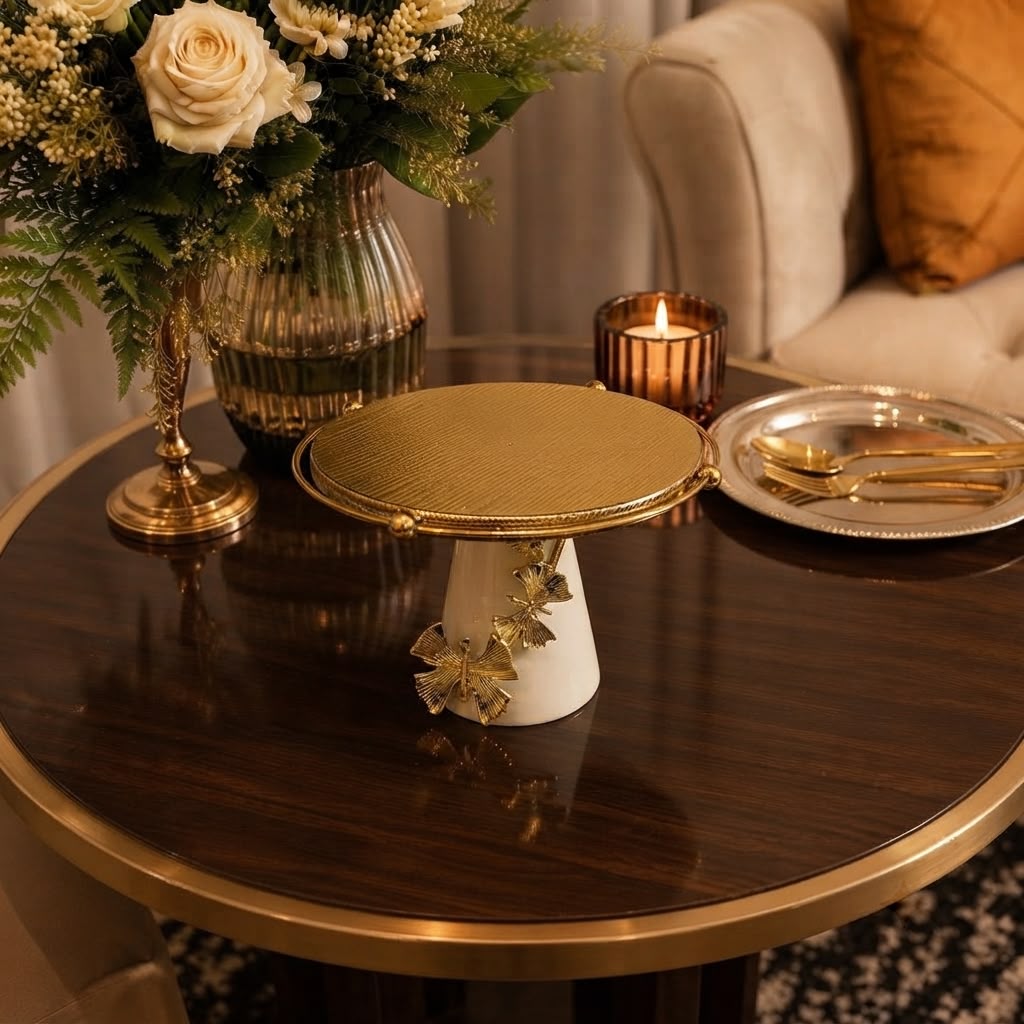 Home Sajawat decorative cake stand with a brushed gold plate, white ceramic base, and gold butterfly embellishments.