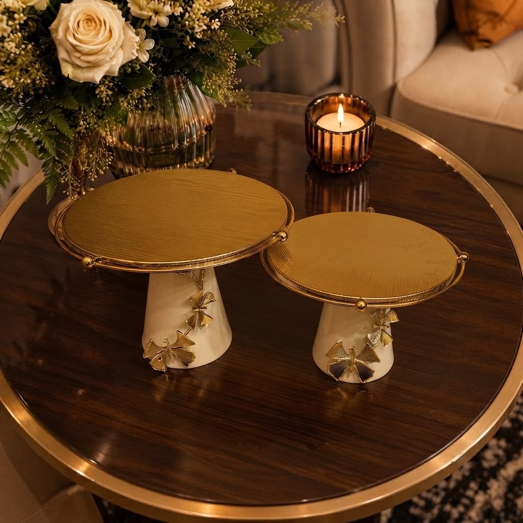 Home Sajawat set of two gold and white ceramic cake stands with butterfly accents on a dark wood coffee table