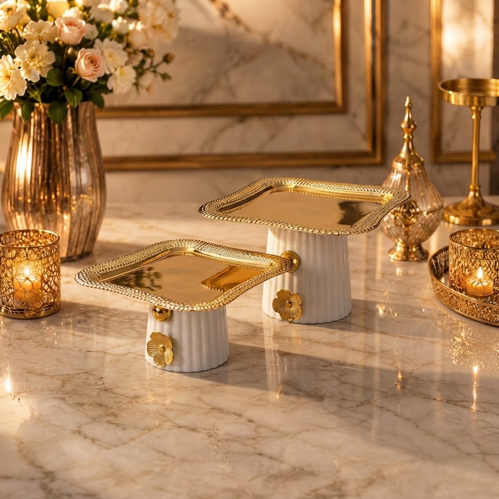 Home Sajawat decorative square pedestal serving trays with white fluted ceramic bases and polished gold-tone metal tops.