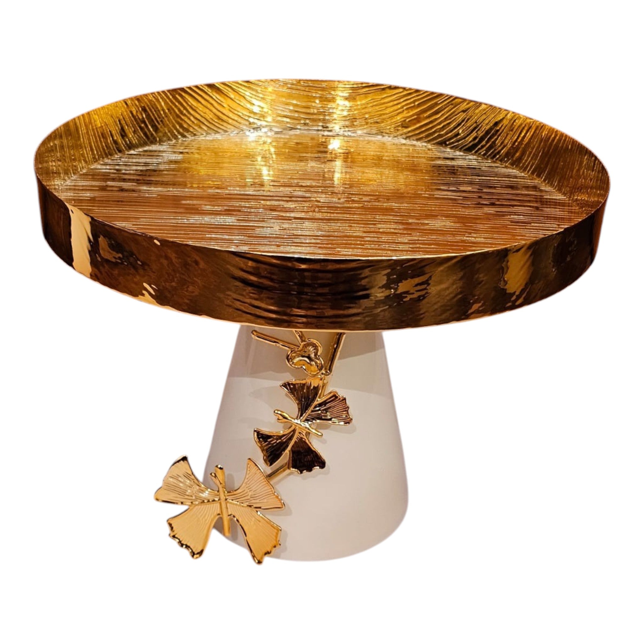 Home Sajawat decorative pedestal serving tray with a textured gold top and white base featuring gold butterfly accents.
