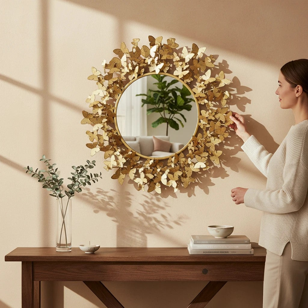 Home Sajawat golden butterfly round wall mirror, a decorative piece for home decor.