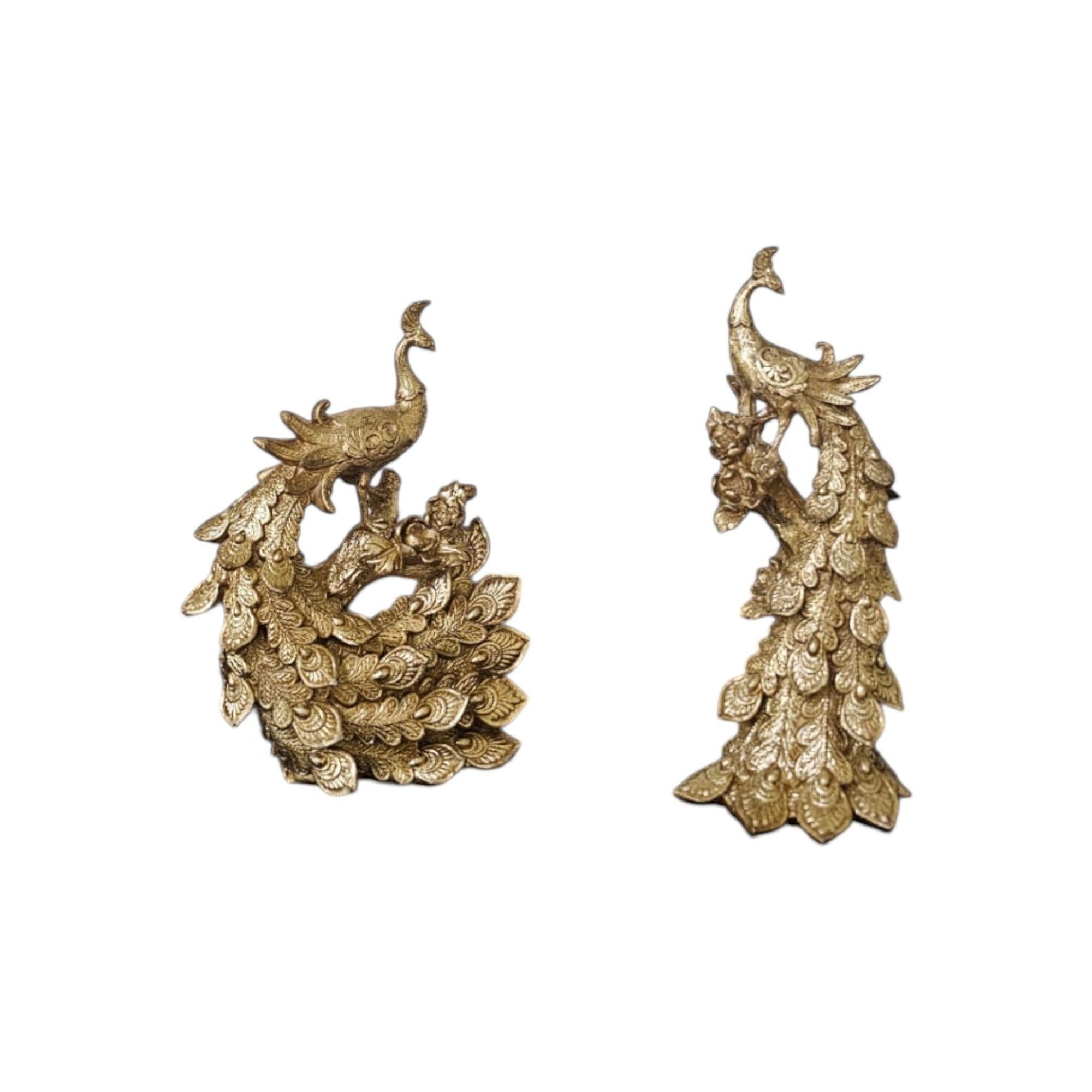 Home Sajawat set of 2 ornate golden peacock figurines with fanned tail feathers, detailed craftsmanship.