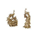 Home Sajawat set of 2 ornate golden peacock figurines with fanned tail feathers, detailed craftsmanship.