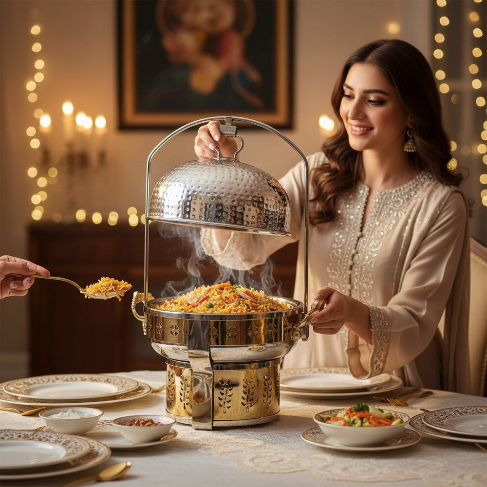 Home Sajawat hammered dome chafing dish with stand, stainless steel with gold accents, ideal for buffets and events.