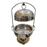 Home Sajawat hammered dome chafing dish with stand, stainless steel with gold accents, ideal for buffets and events.