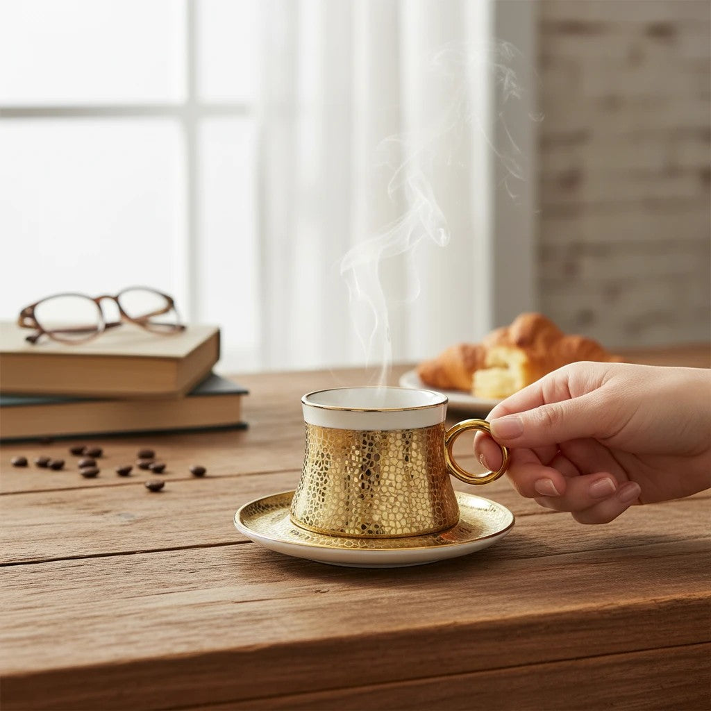 Home Sajawat hammered gold ceramic coffee cup and saucer set with white interior and gold handle.