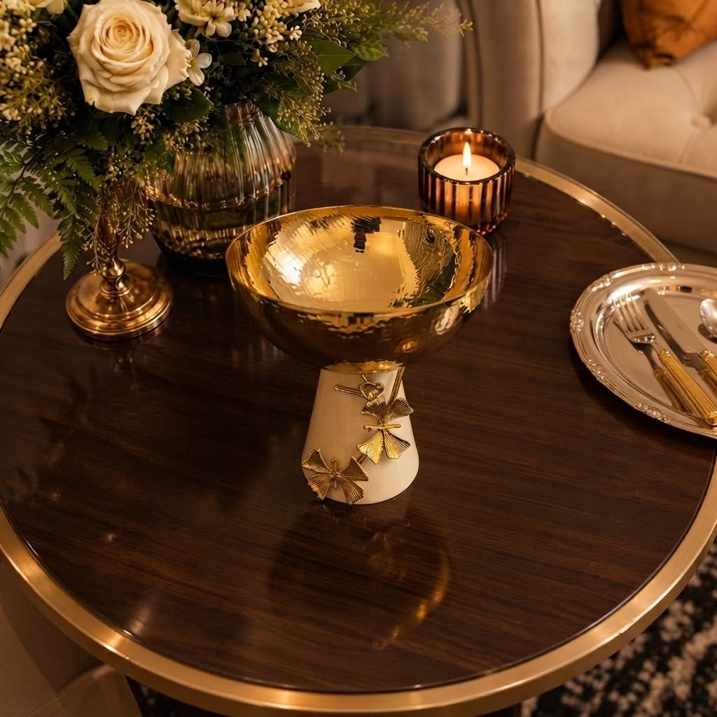 Home Sajawat decorative pedestal bowl with a hammered gold-tone finish and cream ceramic base with ginkgo leaf detail.