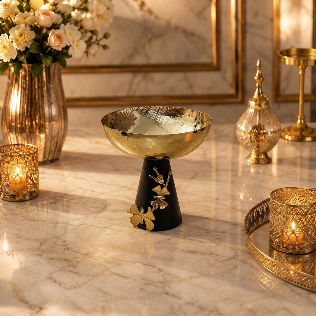 Home Sajawat decorative pedestal bowl with a hammered gold-tone finish and a matte black base featuring floral motifs.