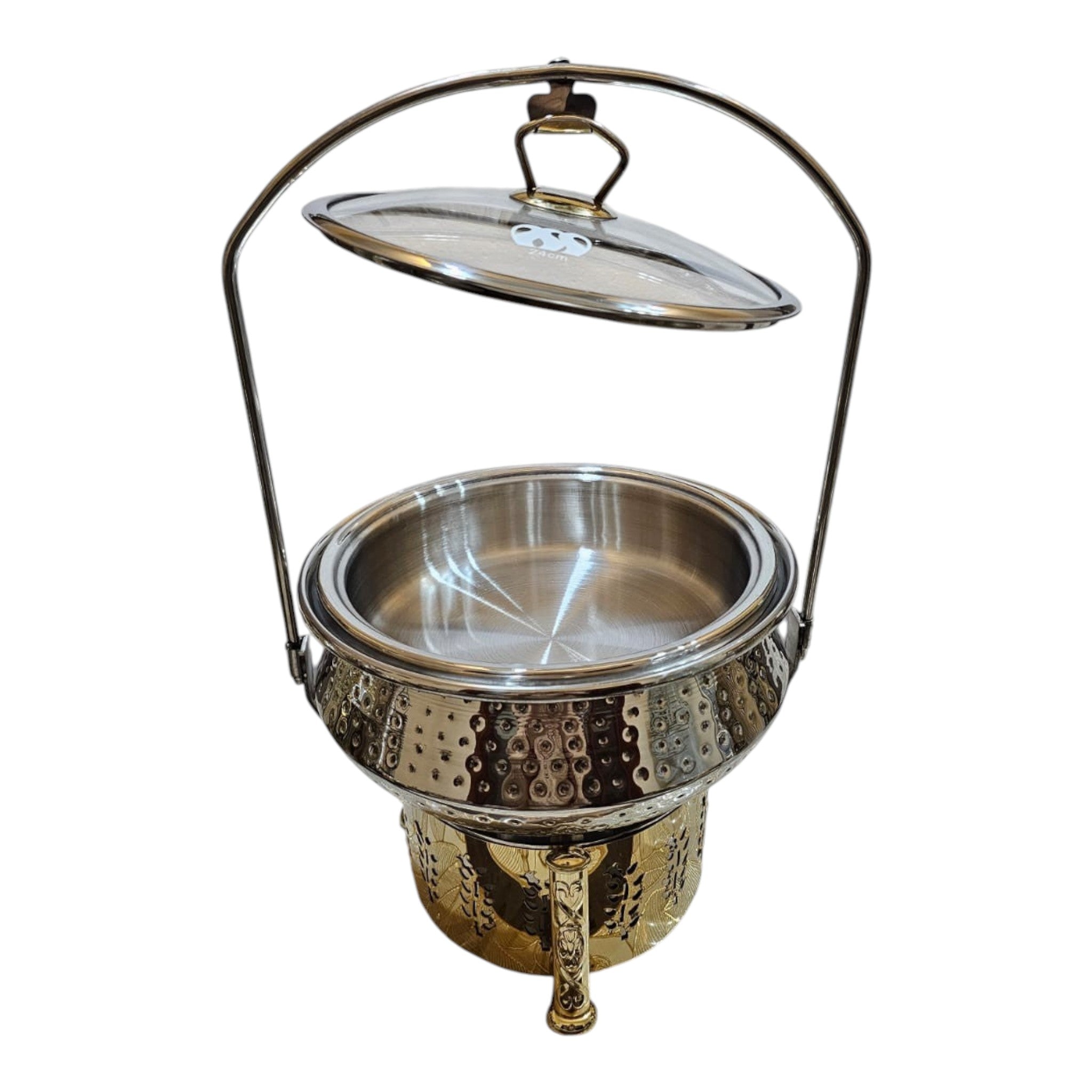 Home Sajawat hammered finish stainless steel chafing dish with glass lid and gold base. Ideal for buffets.