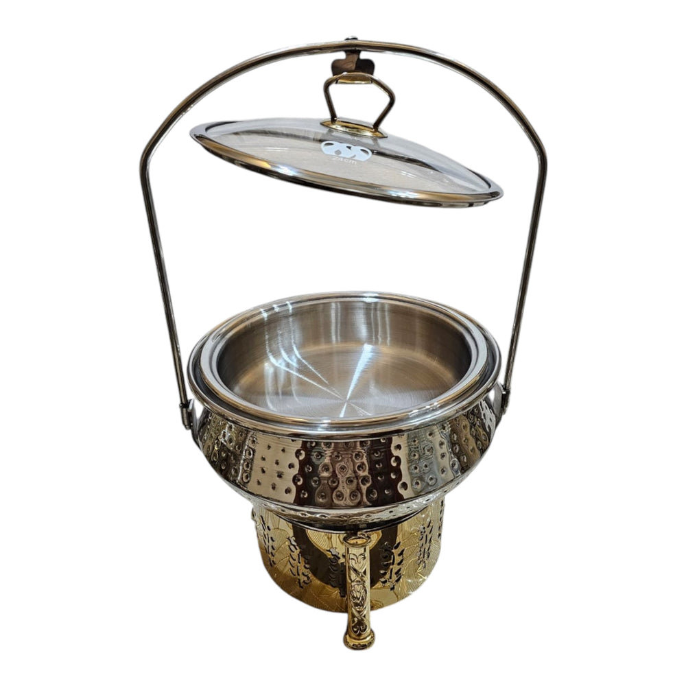 Home Sajawat hammered finish stainless steel chafing dish with glass lid and gold base. Ideal for buffets.