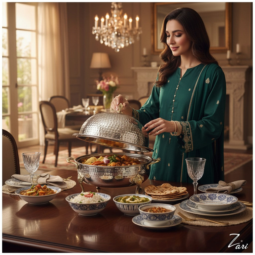 Home Sajawat hammered stainless steel serving dome with tray and ornate gold handles. Elegant hammered finish.