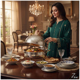 Home Sajawat hammered stainless steel serving dome with tray and ornate gold handles. Elegant hammered finish.