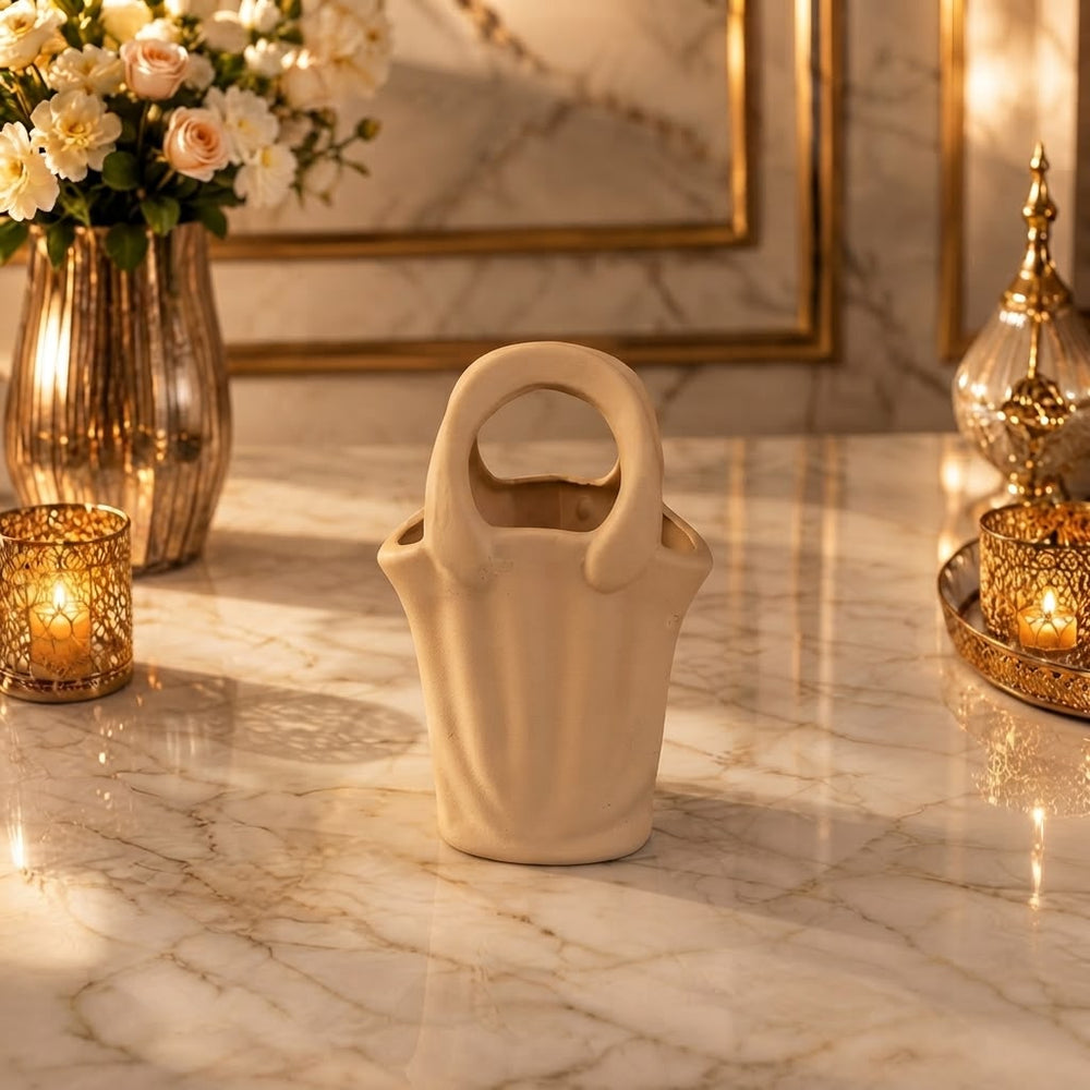 Home Sajawat handbag shaped ceramic tabletop vase in a neutral matte finish on a marble surface