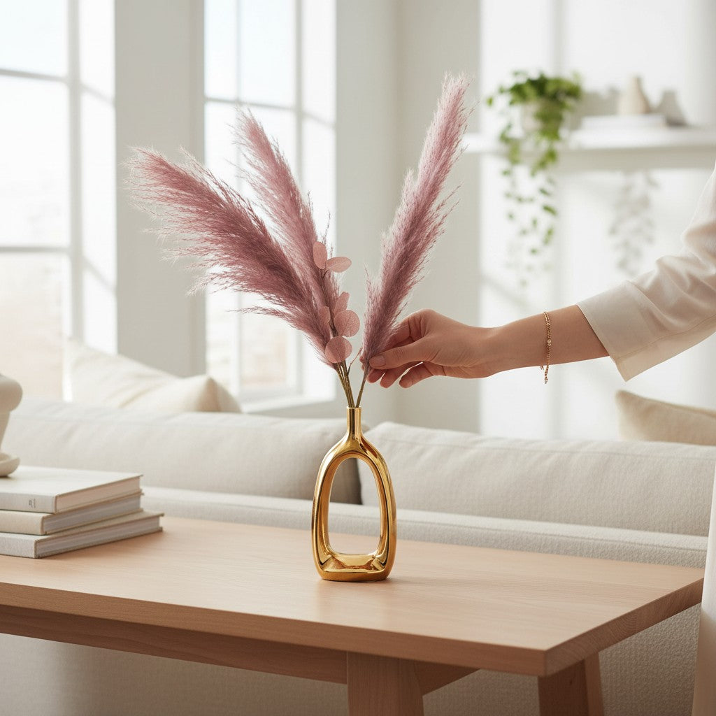 Home Sajawat artificial lavender pampas grass in a modern gold open-center ceramic vase on a wooden table.