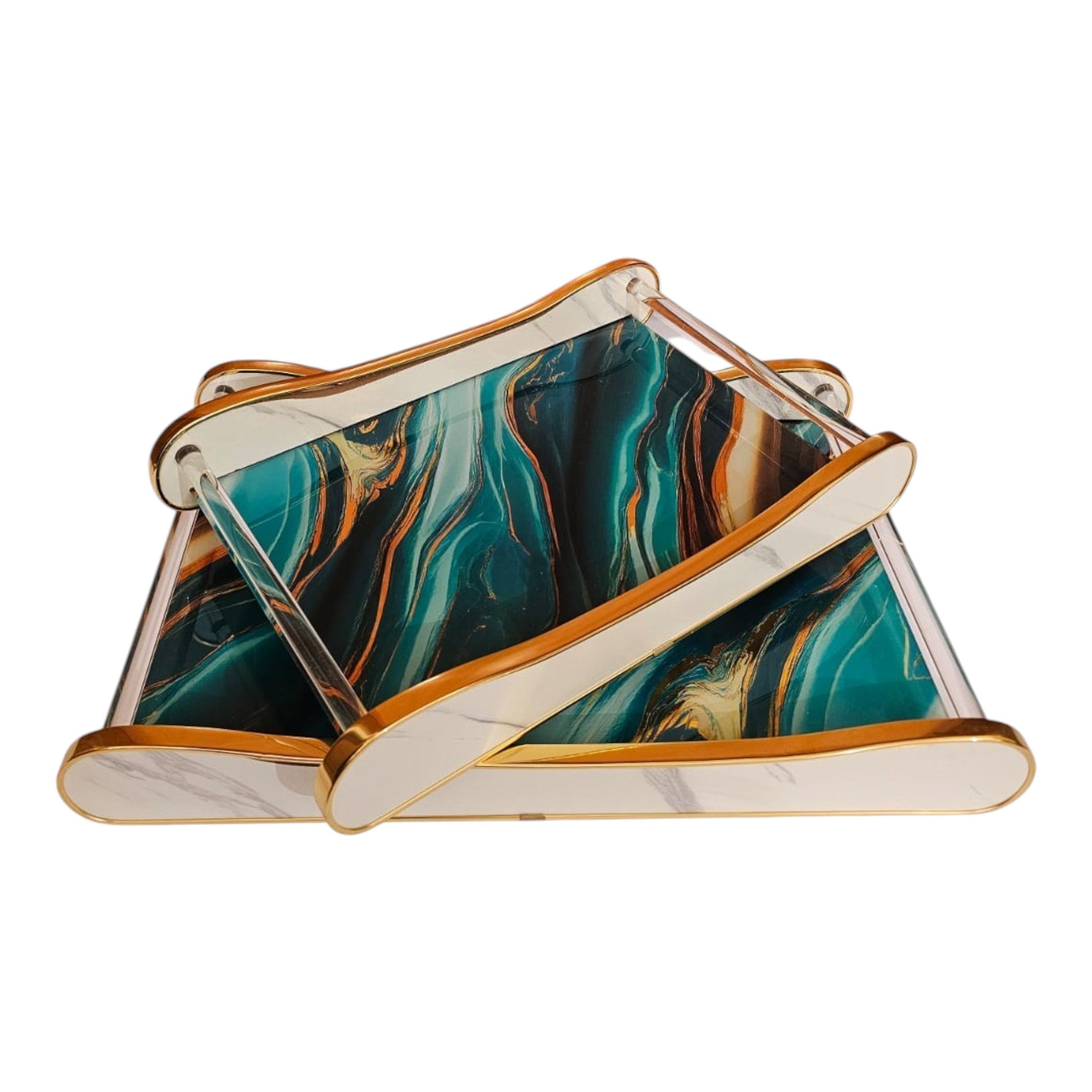 Home Sajawat decorative serving tray set with teal and gold marble-effect finish, acrylic frame, and gold metal edges.