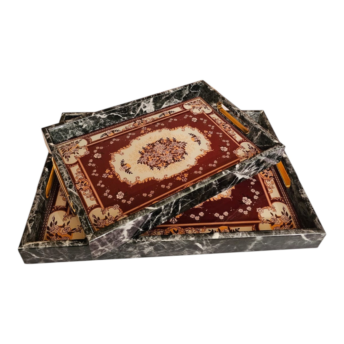 Home Sajawat decorative serving tray set featuring a black marble-effect frame and a vintage-style floral maroon center.