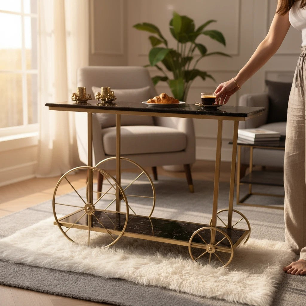 Home Sajawat black marble-effect serving cart with gold frame and decorative wheels. A croissant and coffee are on top.