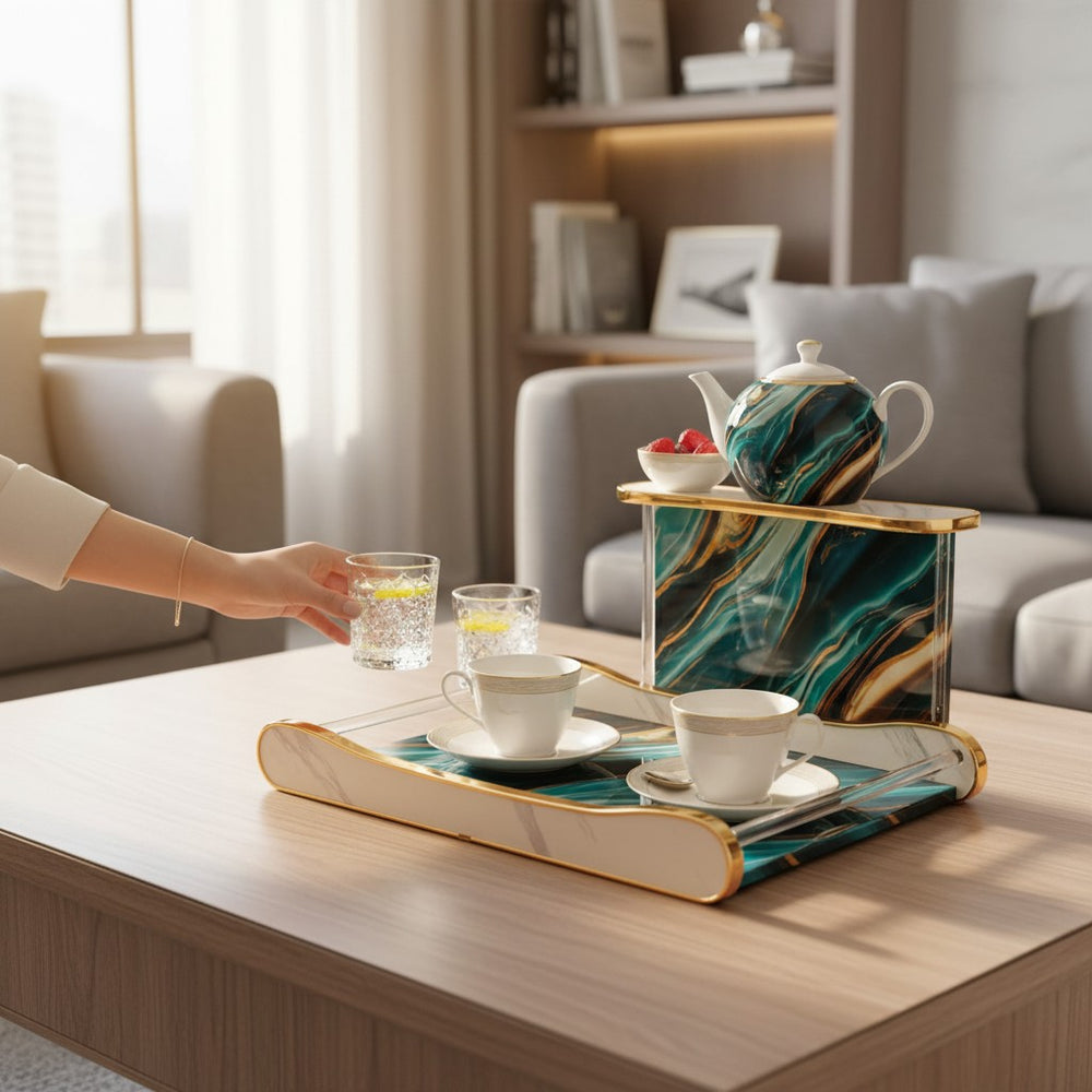 Home Sajawat decorative serving tray set with teal and gold marble finish, acrylic frame, and gold metal accents.