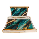 Home Sajawat decorative serving tray set with teal and gold marble-effect finish, acrylic frame, and gold trim.