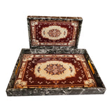Home Sajawat decorative serving tray set featuring a maroon floral pattern with a black marble-effect frame and handles.