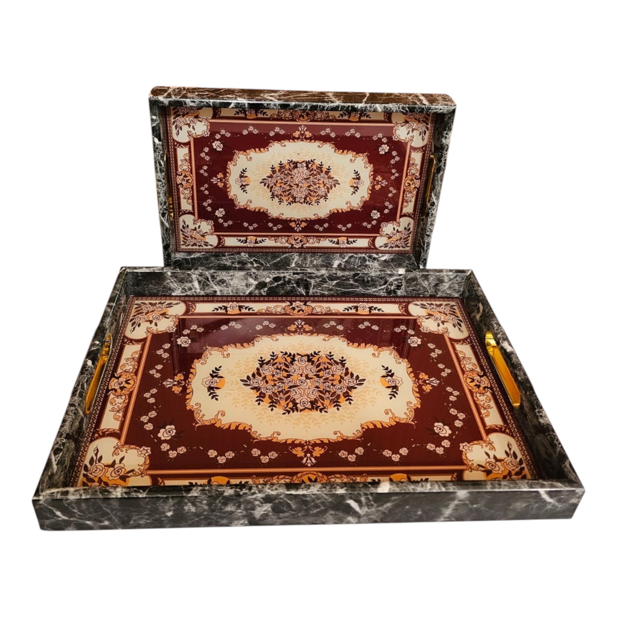 Home Sajawat decorative serving tray set featuring a maroon floral pattern with a black marble-effect frame and handles.