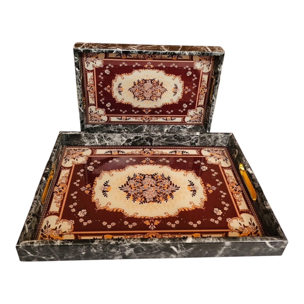Home Sajawat decorative serving tray set featuring a maroon floral pattern with a black marble-effect frame and handles.