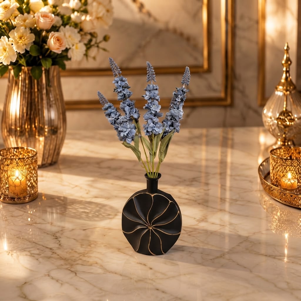 Home Sajawat matte black circular vase with intricate carved details holding blue faux floral stems on marble table