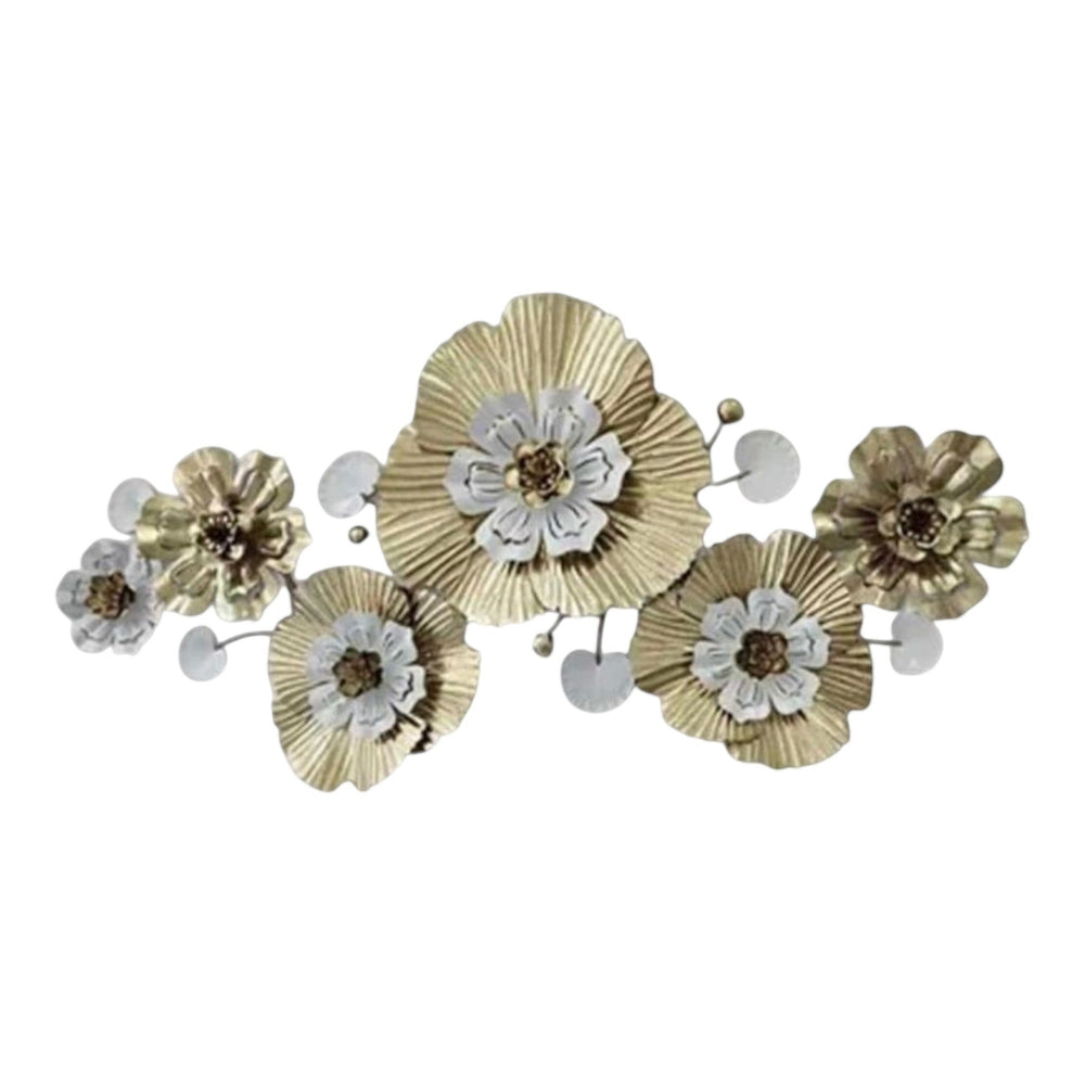 Home Sajawat gold and silver metal floral wall art sculpture with white flower centers and delicate detailing.
