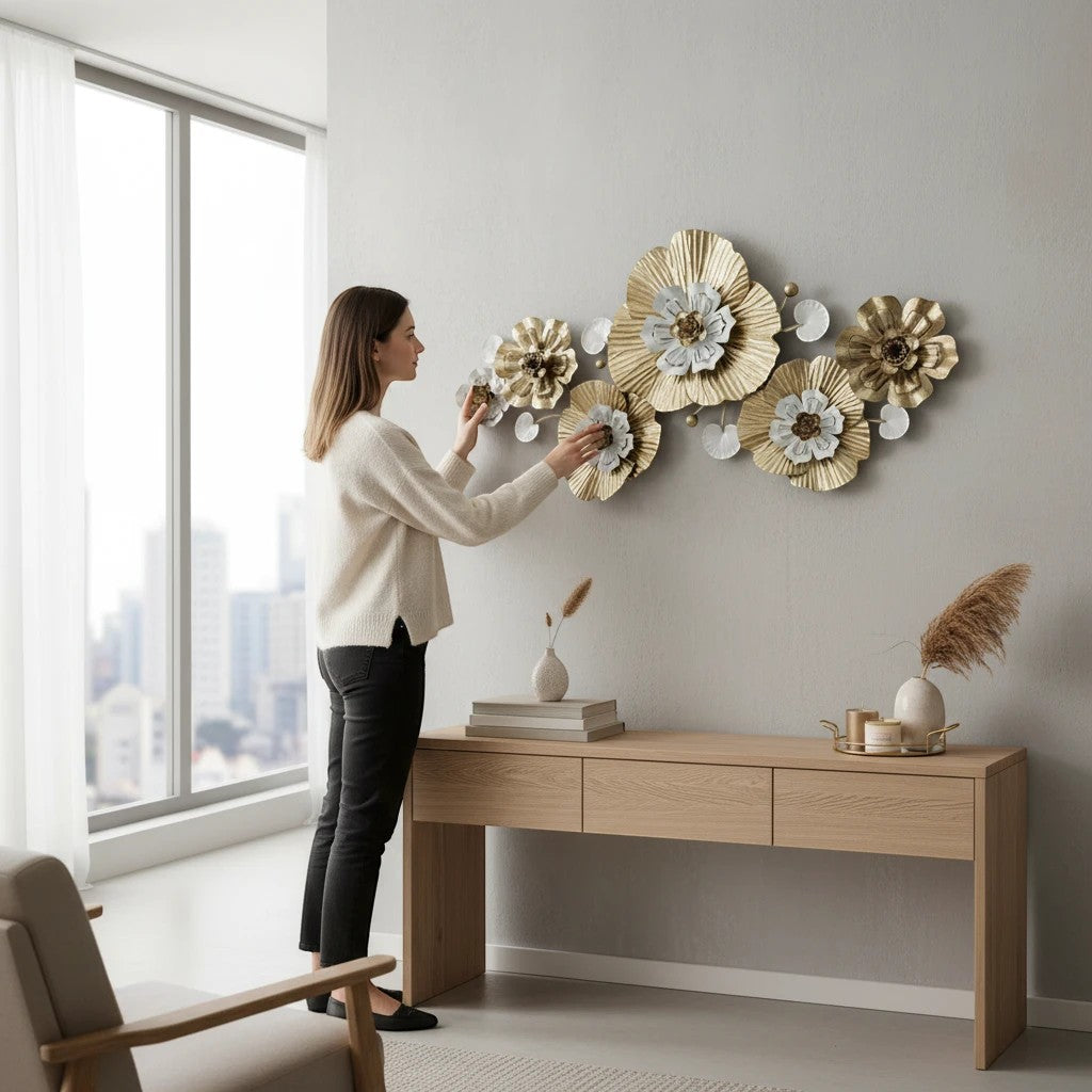 Home Sajawat metal floral wall art sculpture in gold, silver, and white tones. Intricate petals add natural beauty.