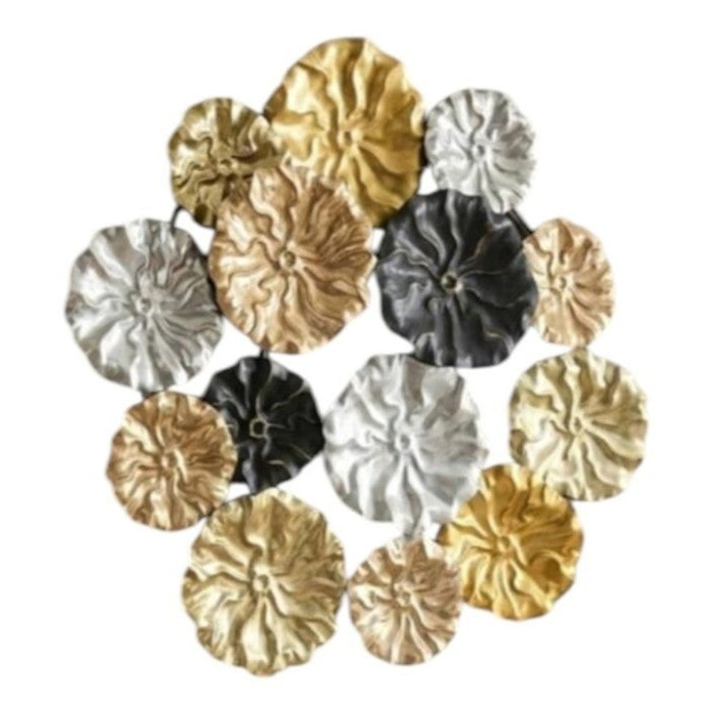 Home Sajawat multi-dimensional metal wall art sculpture with floral motifs in antique gold, silver, and black.