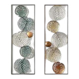 Home Sajawat set of two metal wall art panels with laser-cut lily pad designs in teal, silver, gold, and copper.
