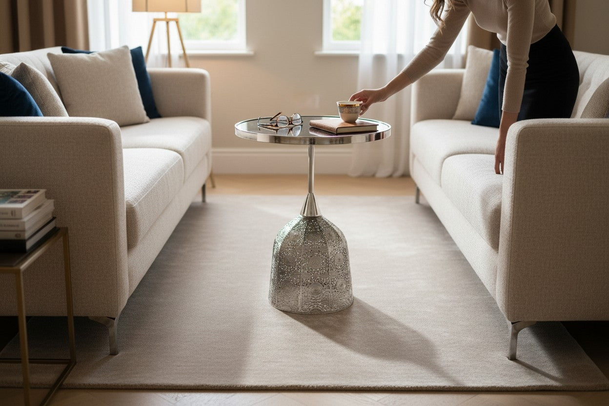 Home Sajawat metallic side table with a circular top and laser-cut bell-shaped base in a modern living room setting.