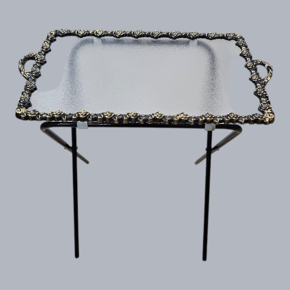 Home Sajawat ornate gold-tone rose motif mirrored serving tray with foldable black legs