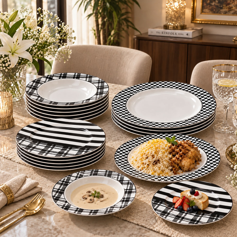 Home Sajawat ceramic dinnerware set featuring monochrome houndstooth, striped, and plaid patterns on plates and bowls.