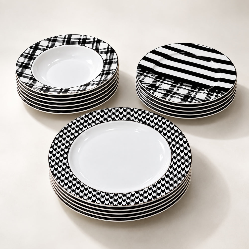 Home Sajawat ceramic dinnerware set featuring monochrome houndstooth, striped, and plaid patterns on glossy plates.