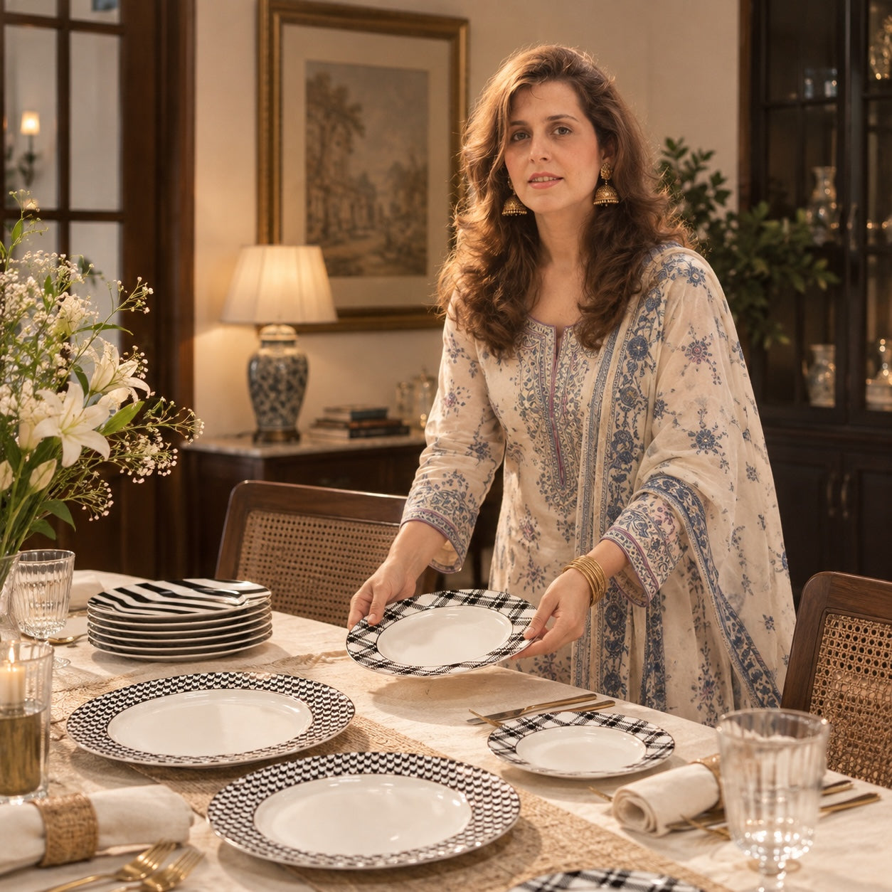 Home Sajawat woman setting a table with monochrome houndstooth ceramic plates in a warm, elegant dining room.