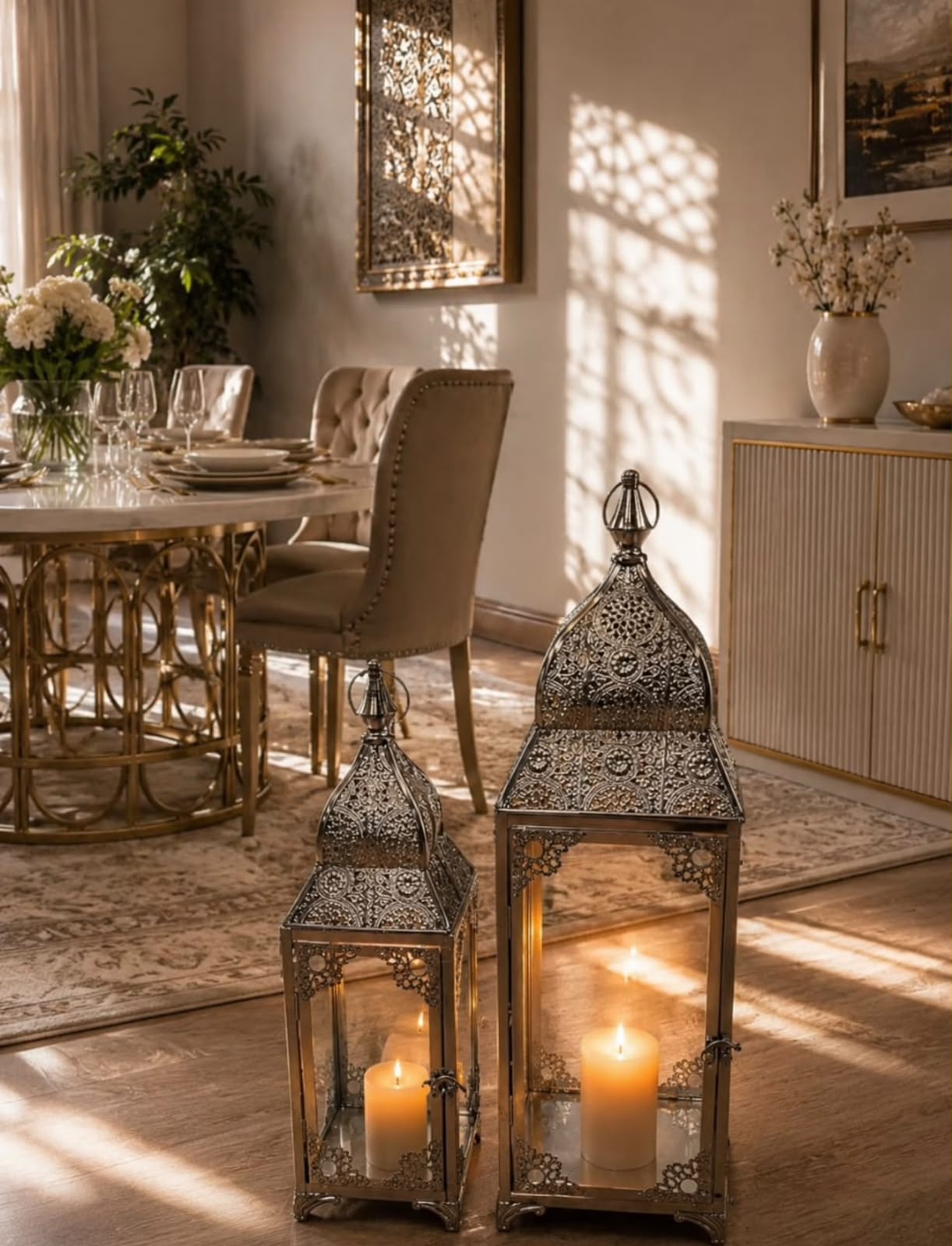 Home Sajawat set of two ornate Moroccan-style metal lanterns with intricate filigree patterns and glowing candles