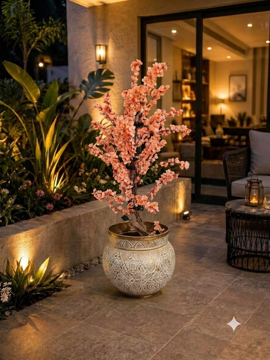Home Sajawat decorative indoor plant featuring a faux cherry blossom tree in an ornate embossed antique metal planter.
