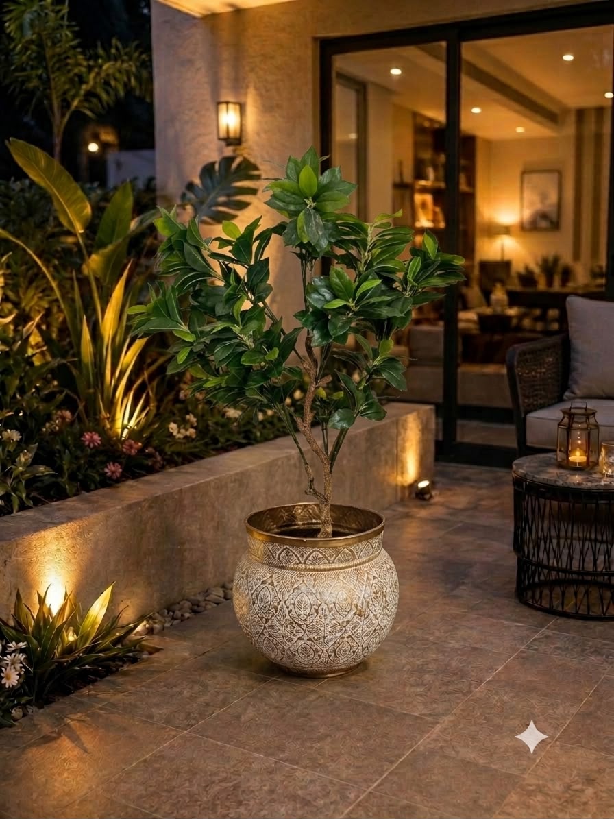 Home Sajawat decorative indoor plant in an ornate, embossed metal planter with an antique weathered finish on a patio.