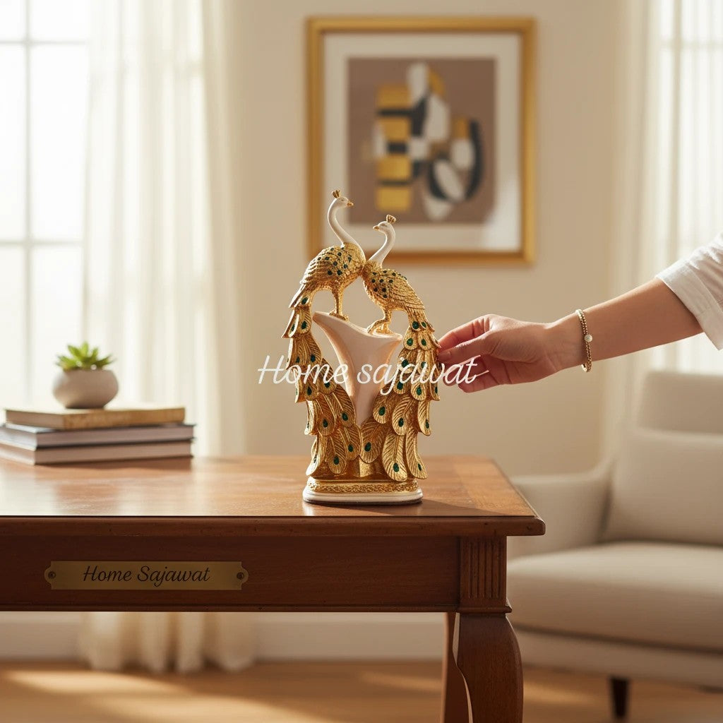 Home Sajawat decorative gold peacock figurine set with green accents, symbolizing prosperity and elegance.