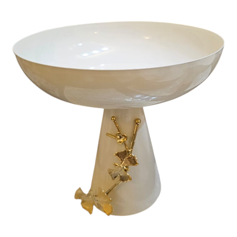 Home Sajawat cream ceramic pedestal fruit bowl with gold ginkgo leaf accents. Perfect centerpiece or catch-all.
