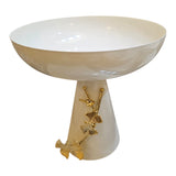 Home Sajawat cream ceramic pedestal fruit bowl with gold ginkgo leaf accents. Perfect centerpiece or catch-all.